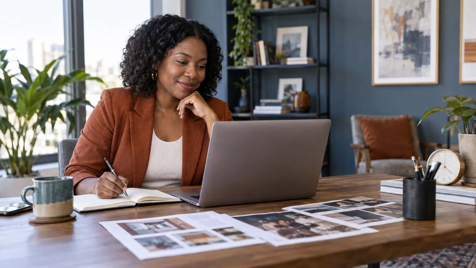 Hiring manager reviewing freelance work samples at a desk
