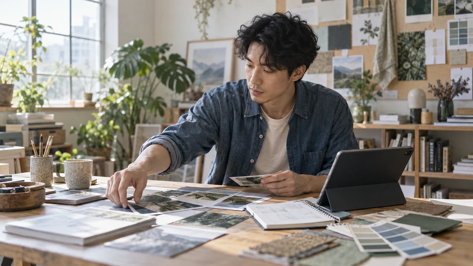 Freelancer arranging creative portfolio work samples