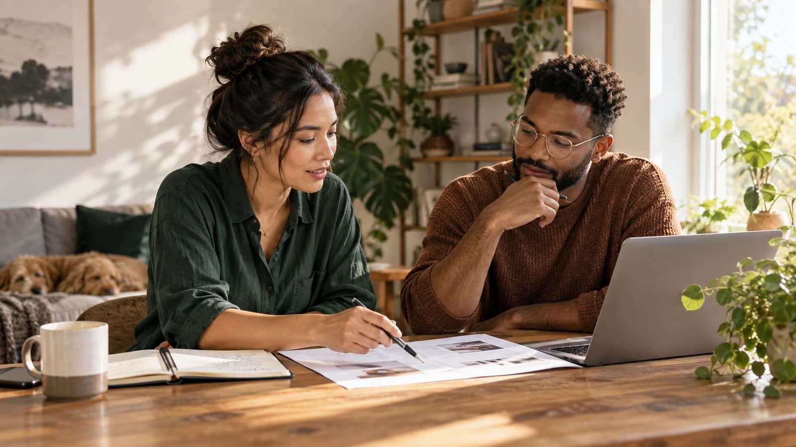 Freelancer and founder reviewing a project plan together at a desk