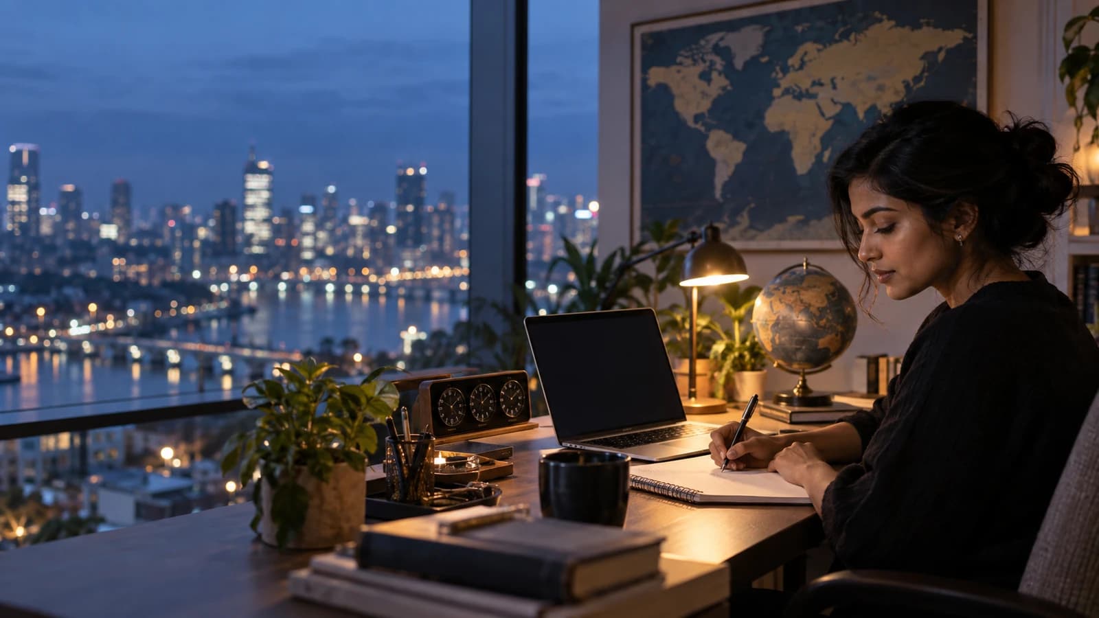 Freelancer planning work beside clocks and a world map