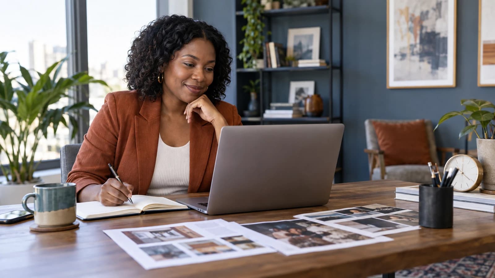 Hiring manager reviewing freelance work samples at a desk