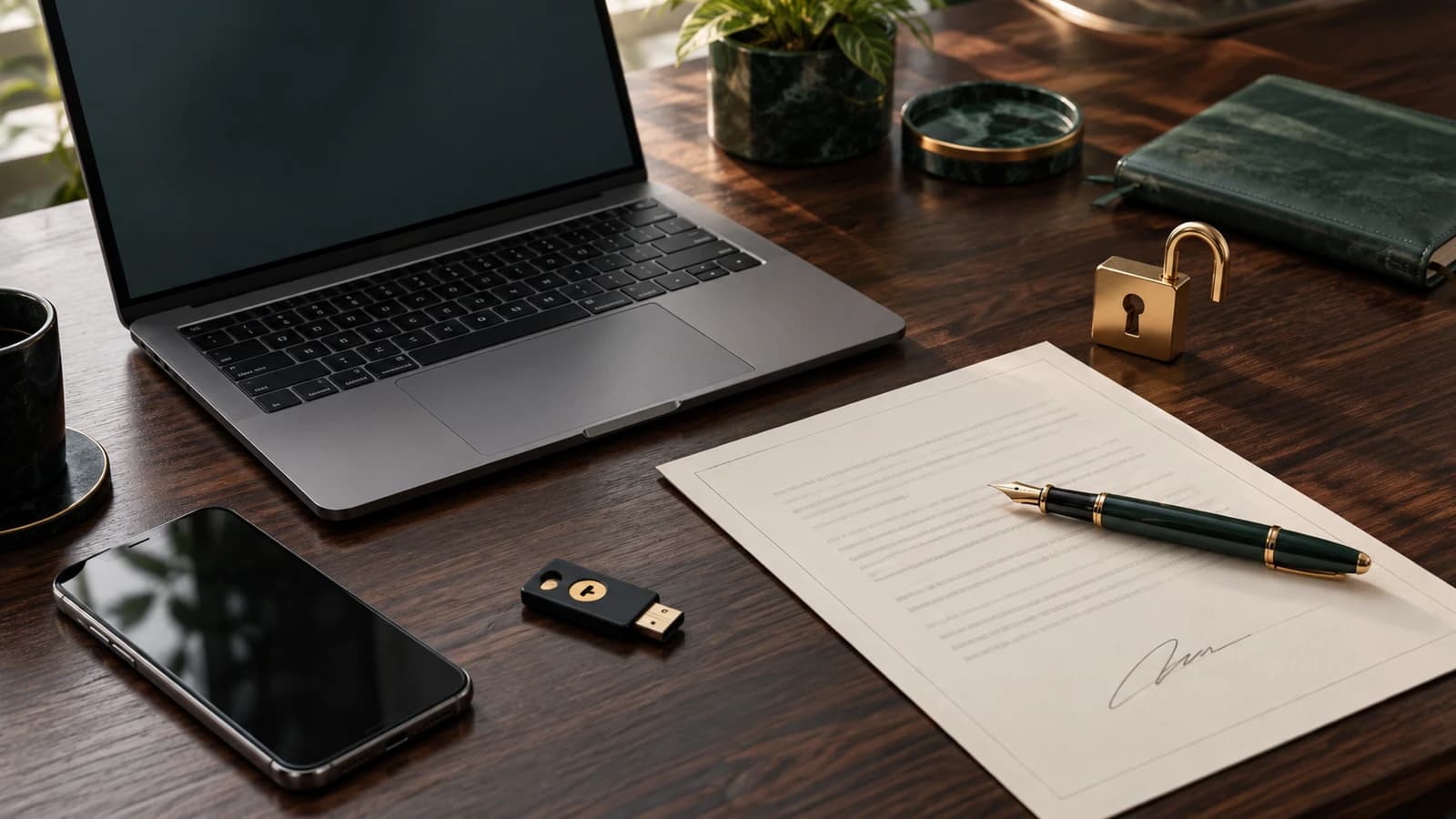 Laptop, security key, and project agreement on a desk